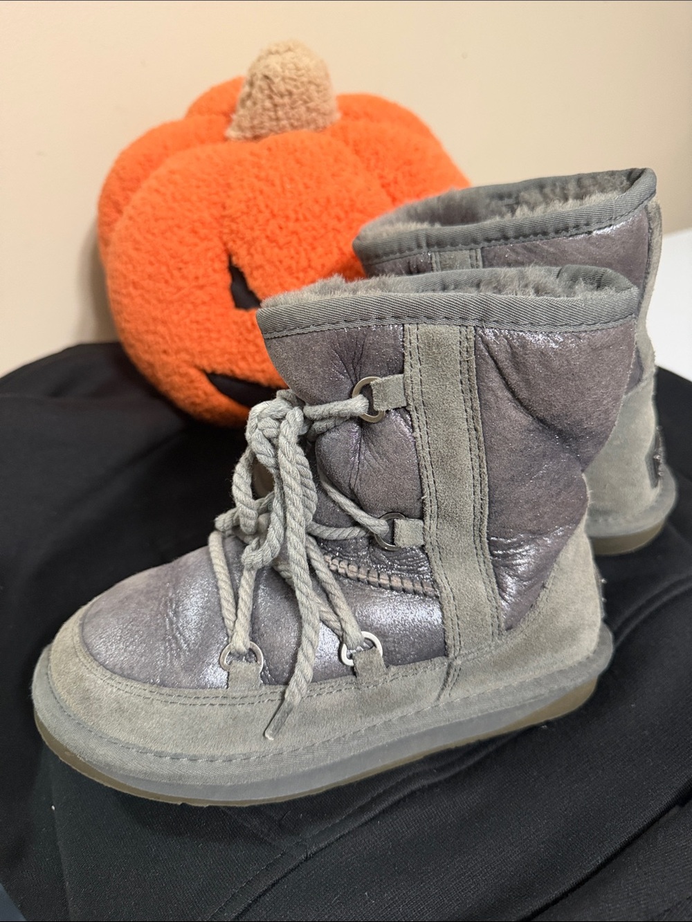 Luxe Metallic Gray Lace-Up Kids Winter Boots